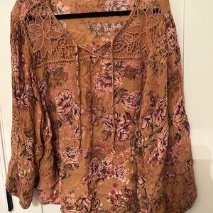 Maurices Pink and Brown Floral Crochet Blouse